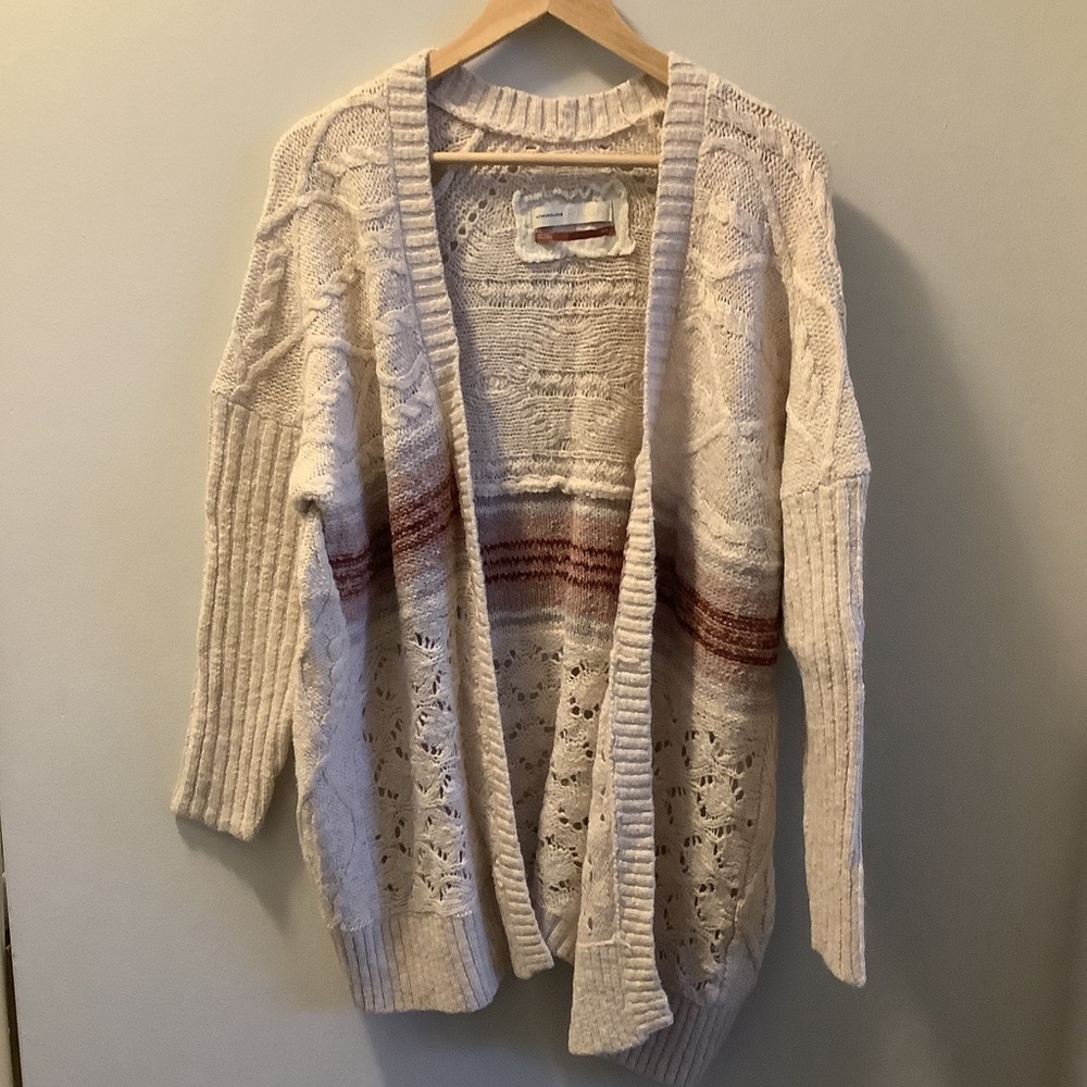 Anthropologie Cream and Brown Oversized  Cardigan